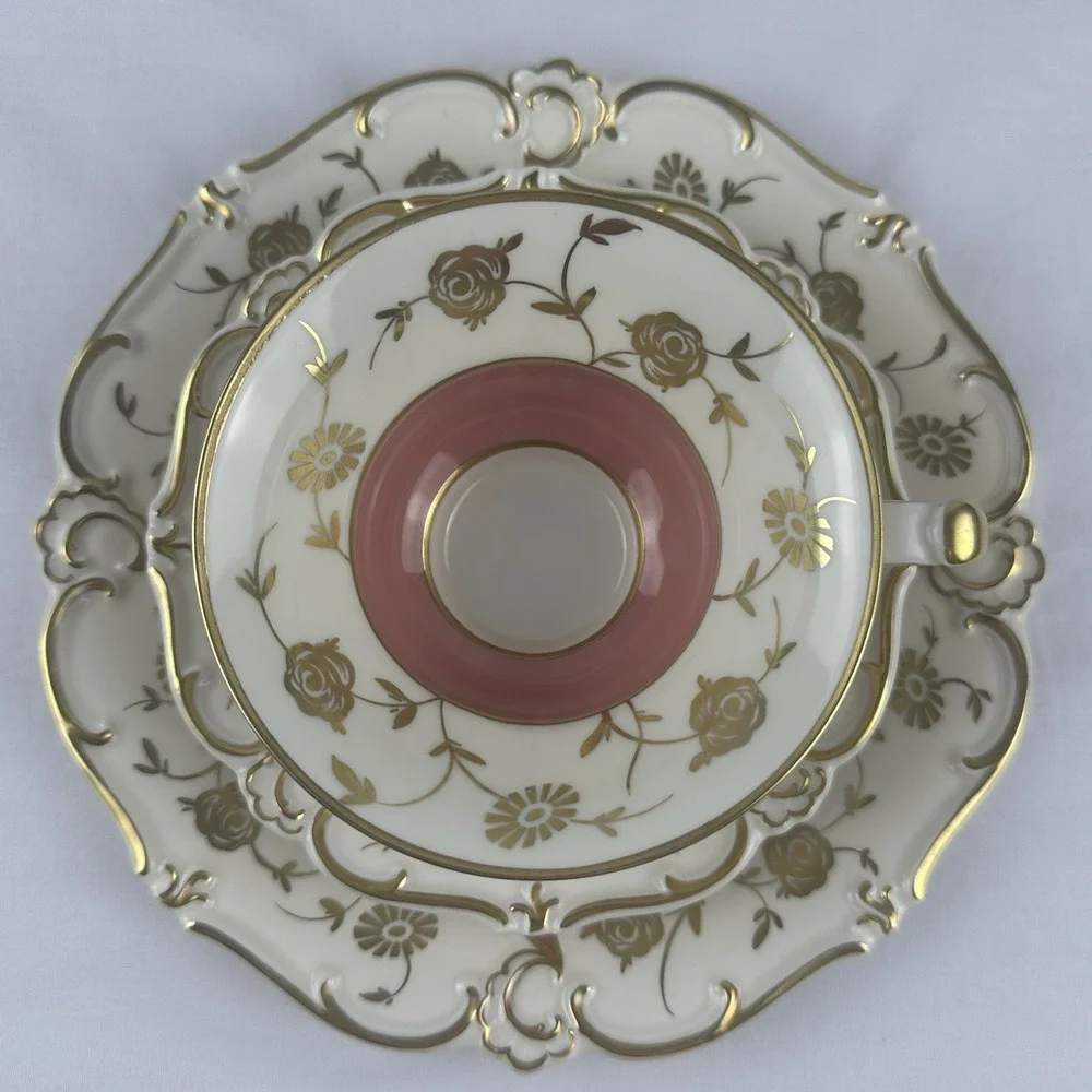 Weimar Porzellan ILSE Tea Trio Coral Pink Gold Gilt Rose Footed Cup Saucer Plate